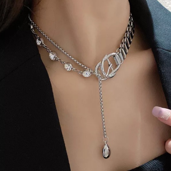 🌟 Silver Crystals Rhinestone Choker Two Tone Chain Necklace - Picture 4 of 4